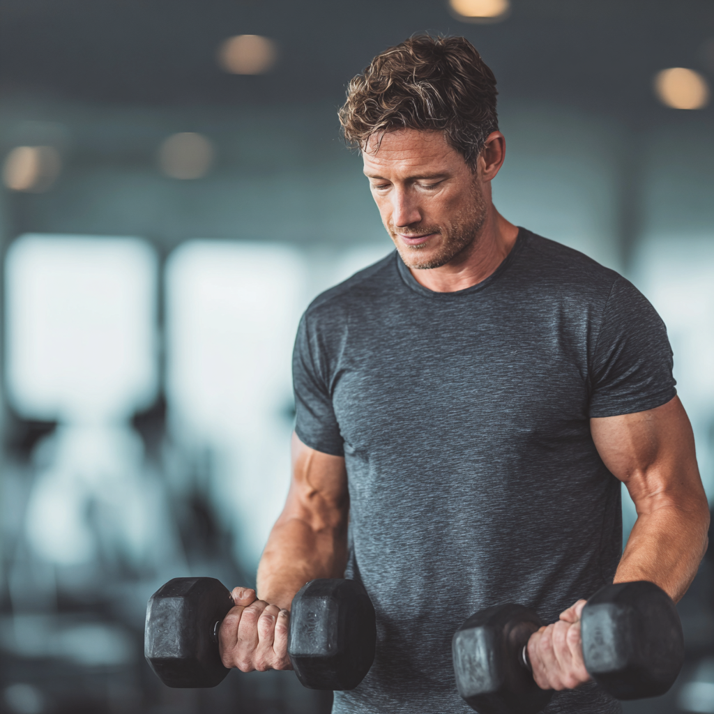 Confident muscular man doing strength training with dumbbells in modern gym setting