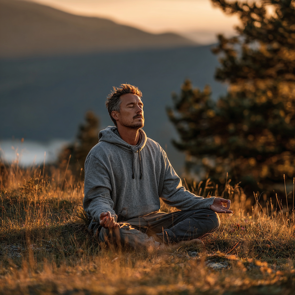 Focused man meditating and practicing mindfulness in serene outdoor mountain setting